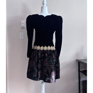 Vintage 80s Scott McClintock 10 Party Cocktail Prom Dress Black Velvet Floral